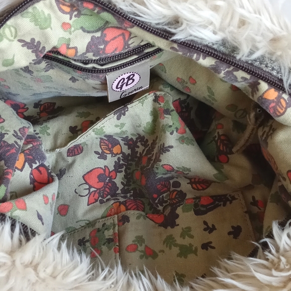 Vintage Faux Fur Burning Man Purse / Hobo Bag Thick Canvas Straps Brass Hardware - Picture 5 of 13